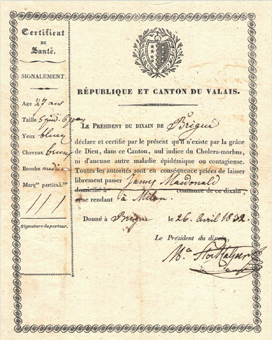 Passeport sanitaire du Valais daté en 183